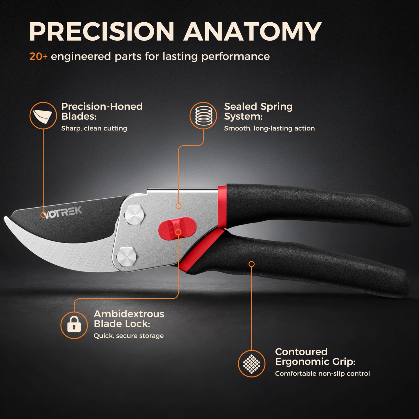 VOTREK® Pruning Shears, 8.5” Professional Garden Pruner with Jam-Proof Spring & Ever-Sharp SK5 Blade, Ergonomic Bypass Clippers for Rose, Tree Trimming, Heavy Duty Bonsai Scissor for Weak Hand
