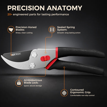 VOTREK® Pruning Shears, 8.5” Professional Garden Pruner with Jam-Proof Spring & Ever-Sharp SK5 Blade, Ergonomic Bypass Clippers for Rose, Tree Trimming, Heavy Duty Bonsai Scissor for Weak Hand