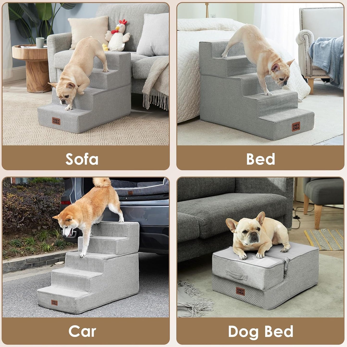 EHEYCIGA Dog Stairs for Small Dogs 13.5" H, 3-Step Dog Steps for Couch Sofa and Chair, Pet Steps for Medium Cats, Non-Slip Balanced Pet Ramp Indoor, Grey