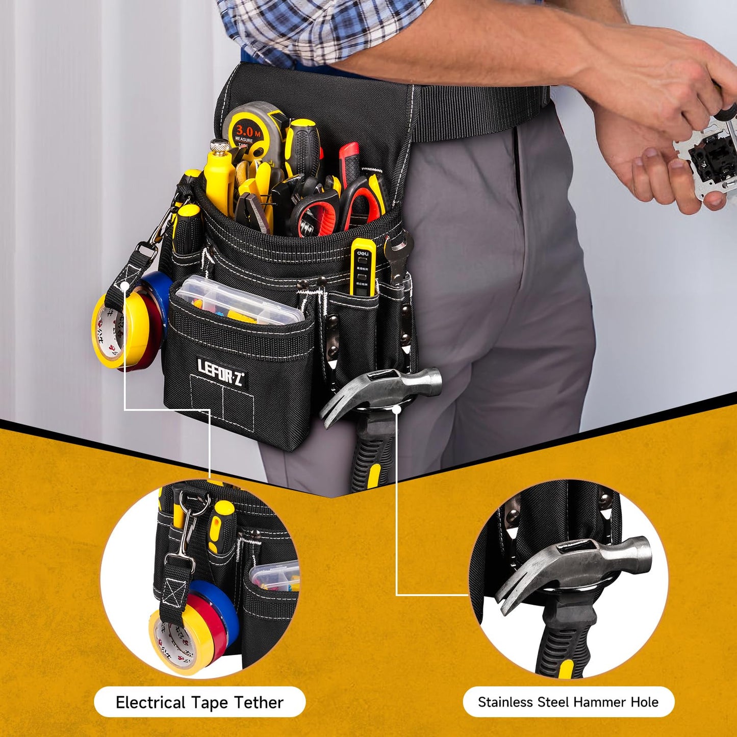 Tool Belt,Magnetic Tool Pouch,14-Pockets Tool Belts for Men,Detachable & Adjustable Tool Pouch belt for Electrician,Carpenter,Construction,Work Apron,Utility Belt,Black-Yellow