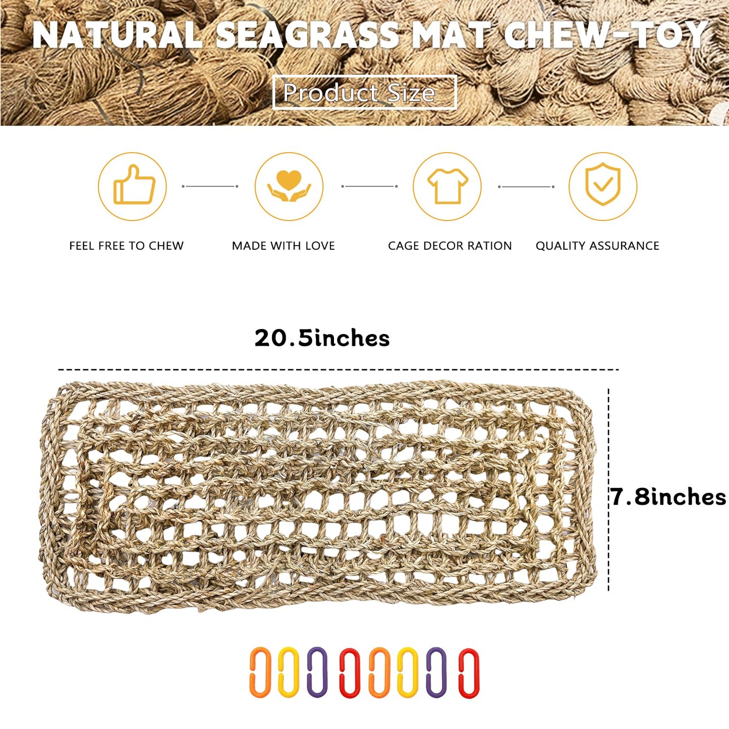 Bird Seagrass Mat 30 x 7 Inch Parrot Natural Seagrass Woven Net Hammock Parakeet Climbing Rope Ladder Mat Chew Toys Cage Accessories for Pigeon Macaw Cockatiel Conure Cockatoo Rat Bearded Dragon