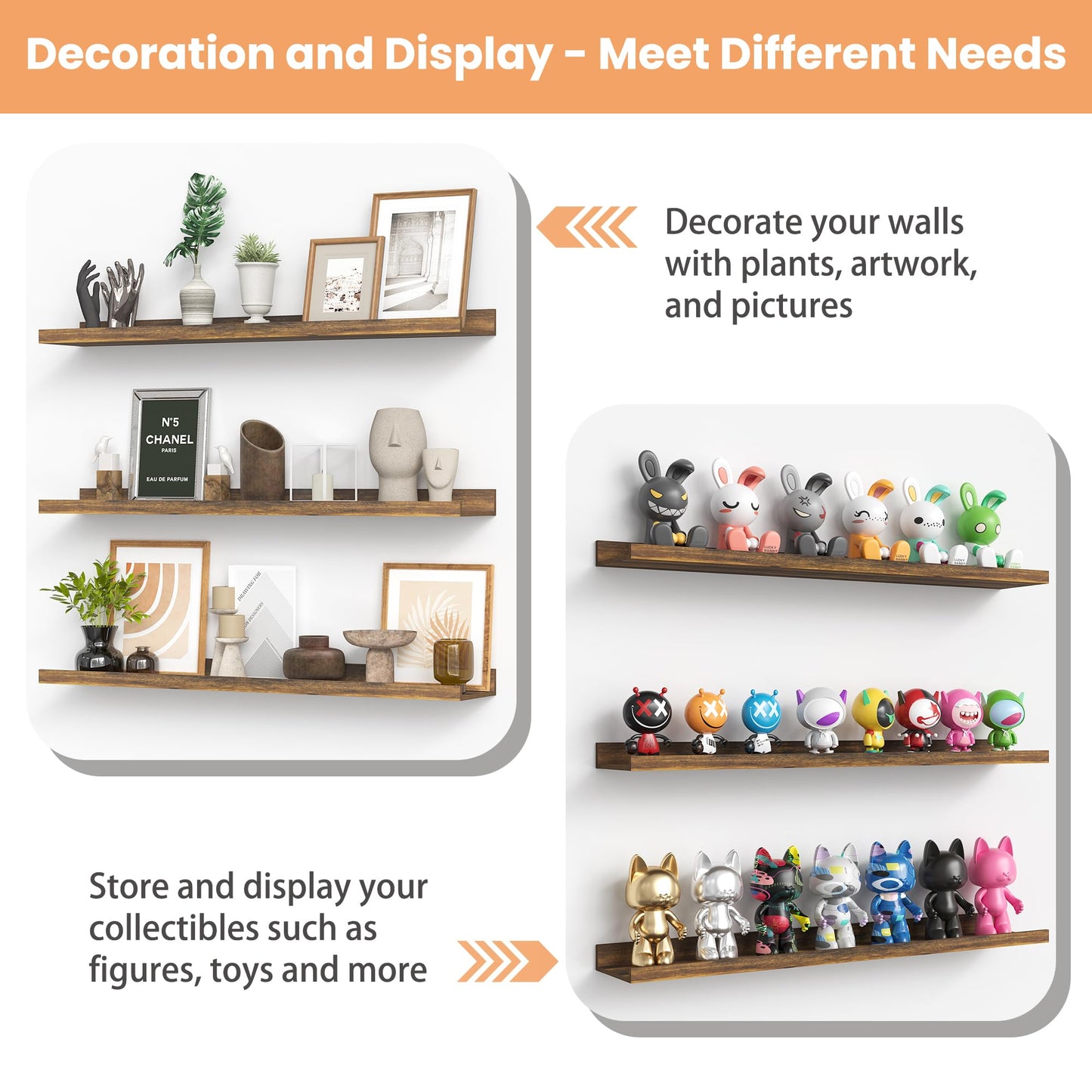 upsimples Floating Shelves for Wall, Wall Shelves for Decor Storage Set of 6, Wall Mounted Wood Shelf for Bedroom, Living Room, Bathroom, Kitchen, Picture Ledge Shelf, Black