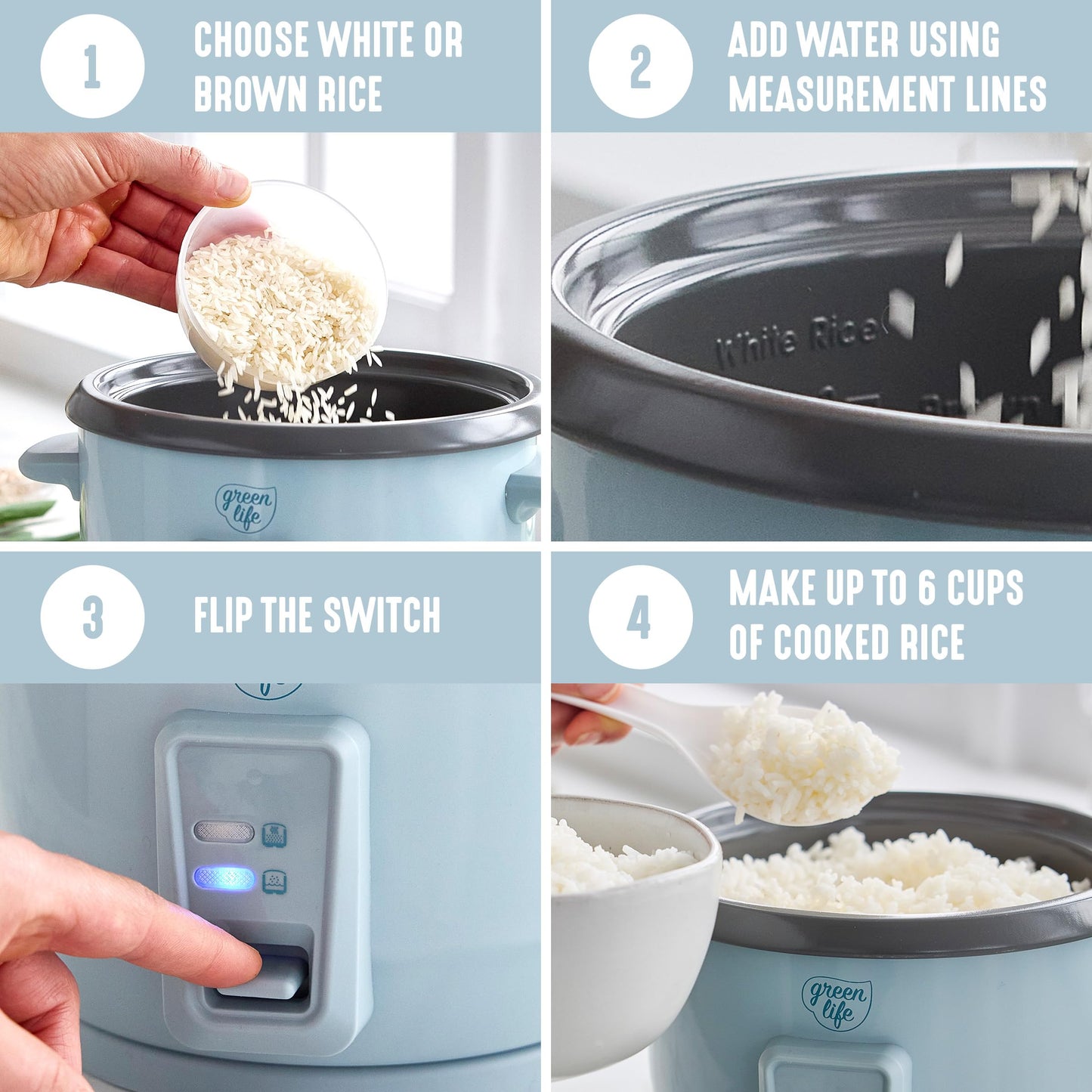 GreenLife Rice Cooker with Removable PFAS-Free Ceramic Nonstick Pot, 3-Cups Uncooked/6-Cups Cooked, Grains & Oatmeal Multicooker, Compact One-Switch Design, Auto Keep Warm, Easy Clean, Cream