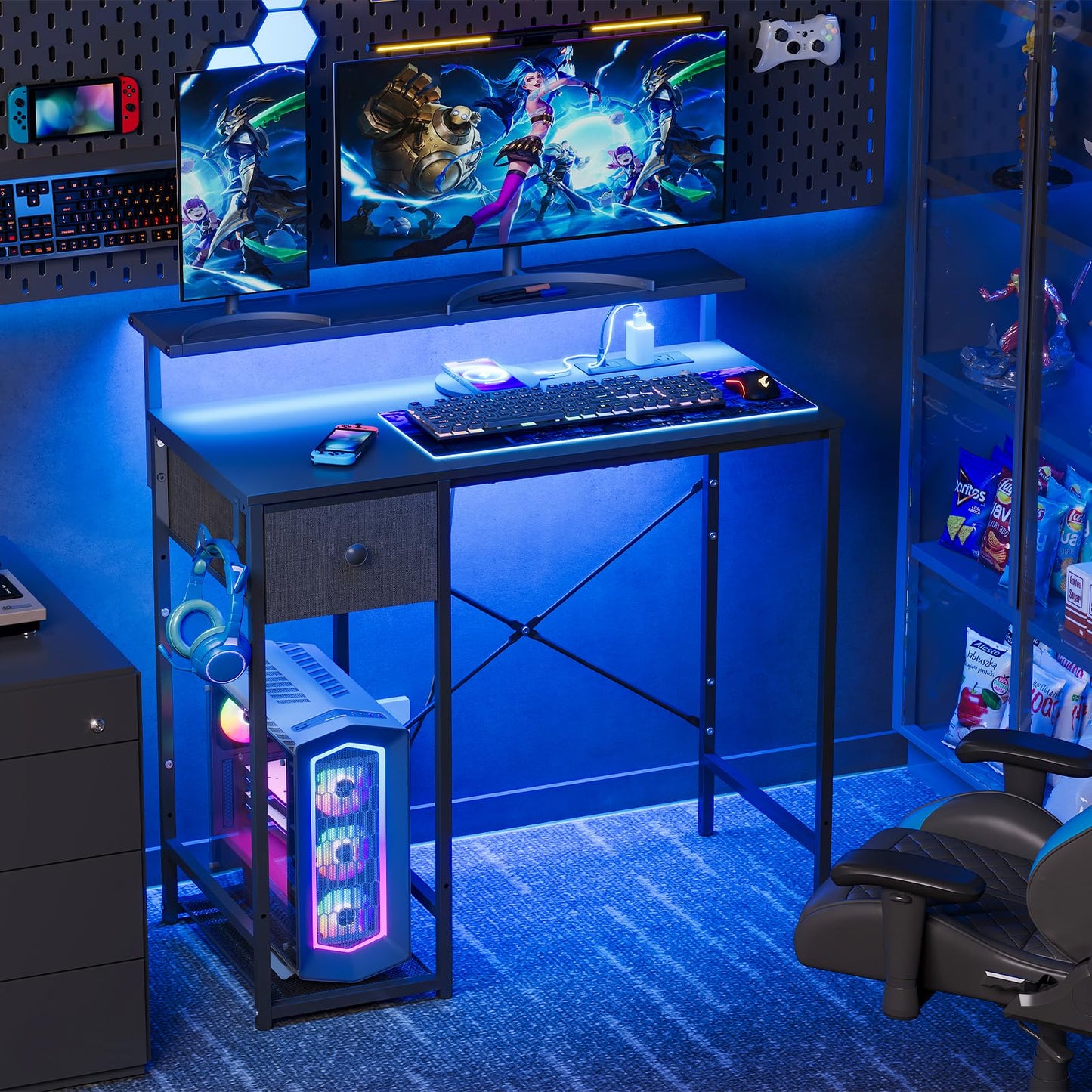 X-cosrack 33.5" Small Gaming Desk with LED Lights & Power Outlets, Compact Computer Desk with Monitor Stand & CPU Stand, Gamer Table with Storage Drawer, Side Hooks for Home Office, Bedroom, Black