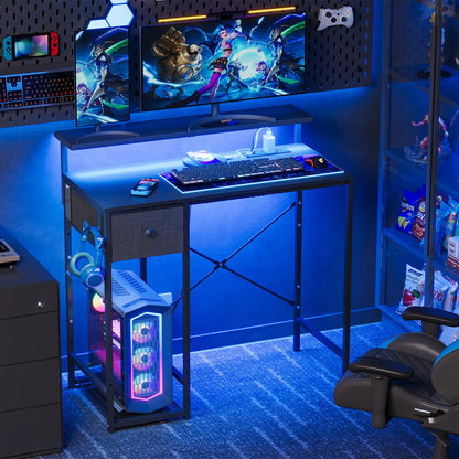 X-cosrack 33.5" Small Gaming Desk with LED Lights & Power Outlets, Compact Computer Desk with Monitor Stand & CPU Stand, Gamer Table with Storage Drawer, Side Hooks for Home Office, Bedroom, Black