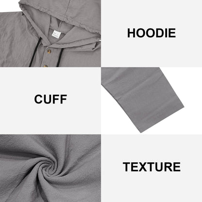Mens Cotton Linen Hoodies Long Sleeve Button Down Shirts Casual Hawaiian Beach Yoga Sweatshirts