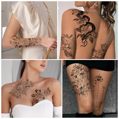 Yazhiji 36 Sheets Temporary Tattoos Stickers, 12 Sheets Fake Body Arm Chest Shoulder Tattoos for Men or Women with 24 PCS Tiny Black Tattoos
