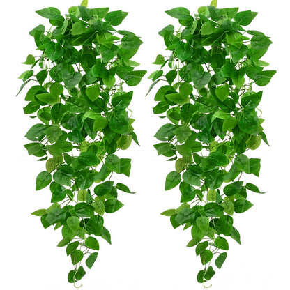 BLEUM CADE Fake Hanging Plants, 2pcs Artificial Pothos Vines Faux Plants Greenery for Wall Home Living Room Office Indoor Outdoor Decor (No Baskets)
