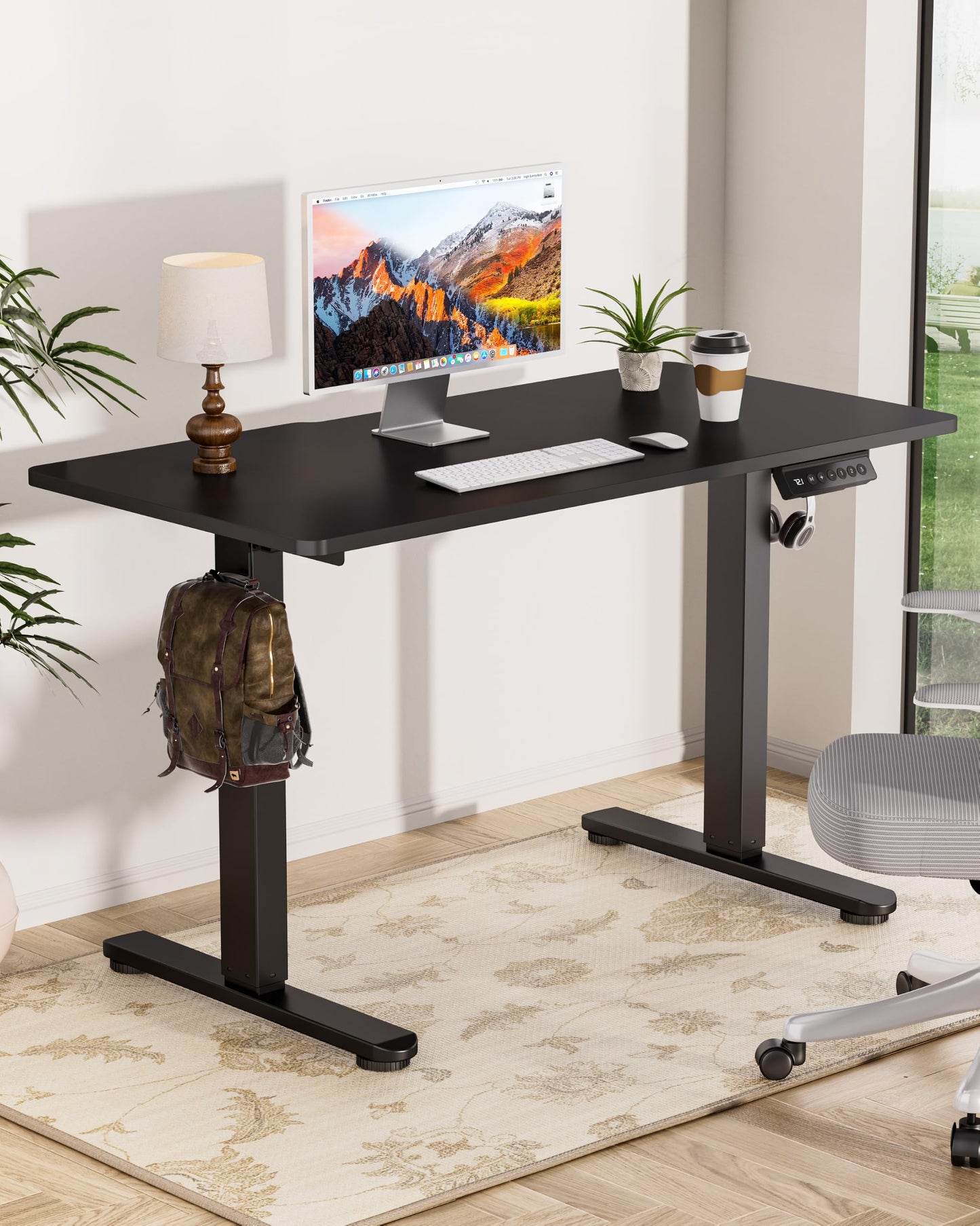 Okin Small Electric Standing Desk, 36" x 24" Whole Piece Height Adjustable Desk, Oak Sit to Stand Computer Workstation with Wheels for Home Office