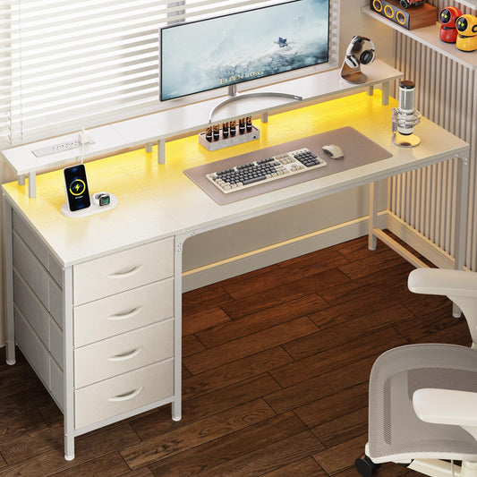 Huuger 47 Inch Computer Desk with Power Outlets and LED Lights, Gaming Desk with 4 Drawers, Office Desk with Monitor Stand, Study Work Home Office, Small Spaces, Black