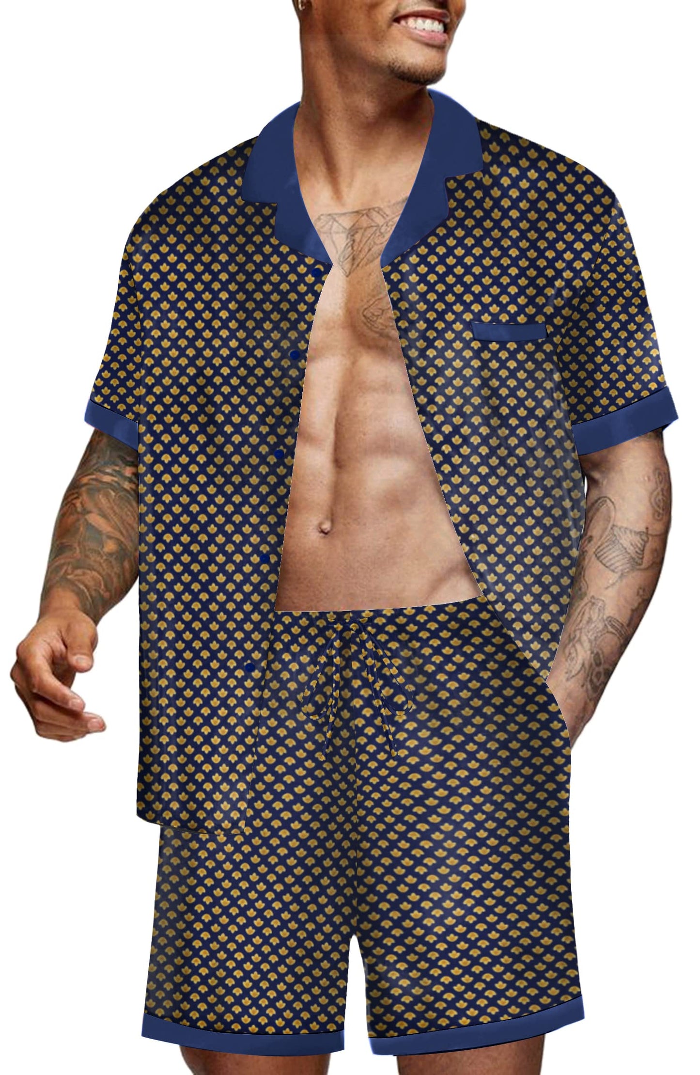 Ekouaer Men Satin Silk Pajamas Set with Pockets Sleepwear Shorts Satin Summer Loungewear 2 Piece Button Down Set S-3XL