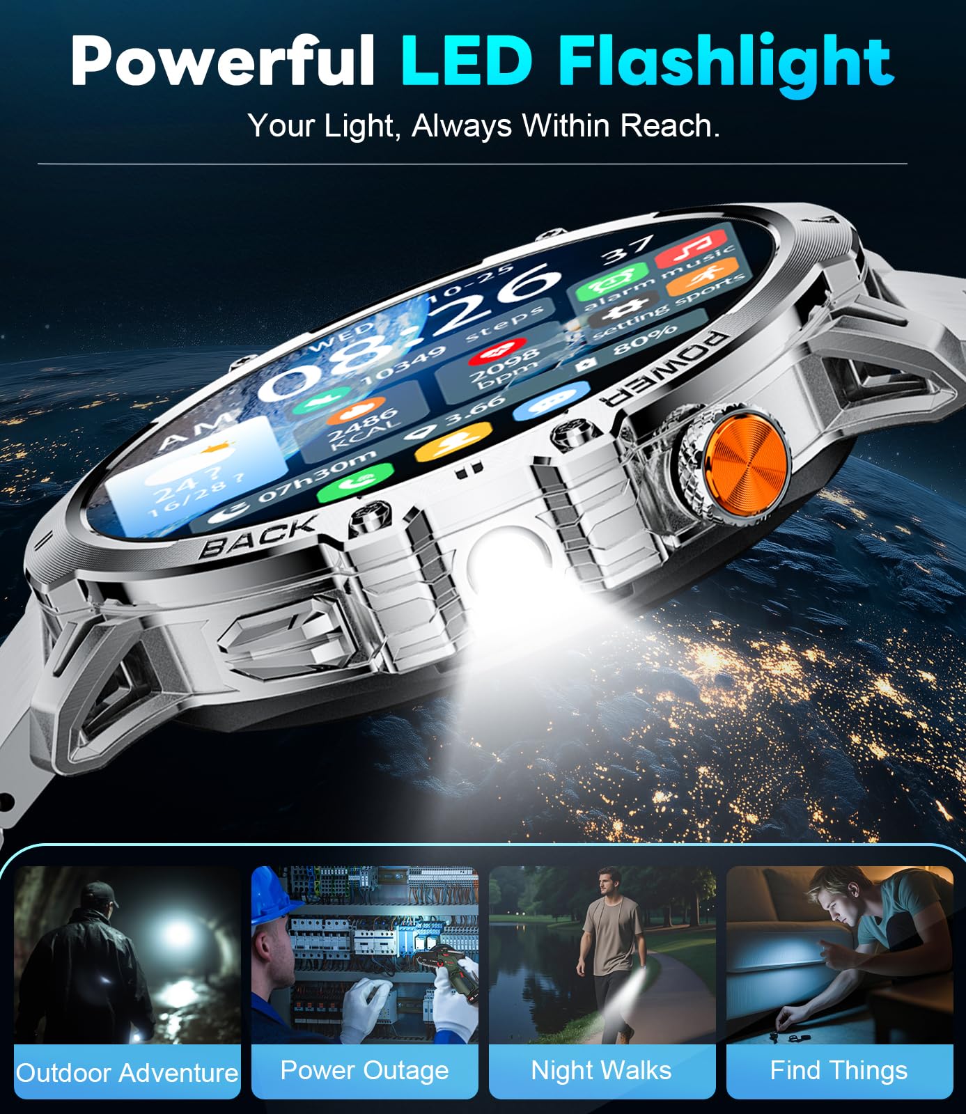 LIGE Military Smart Watches for Men(2 Bands),1000mAh/1.85" HD Large Screen Smartwatch, Flashlight/110+ Sports Modes/Sleep Monitor, Fitness Tracker Watch for Android iOS,Black