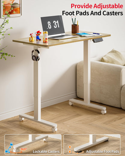 Okin Small Electric Standing Desk, 36" x 24" Whole Piece Height Adjustable Desk, Oak Sit to Stand Computer Workstation with Wheels for Home Office