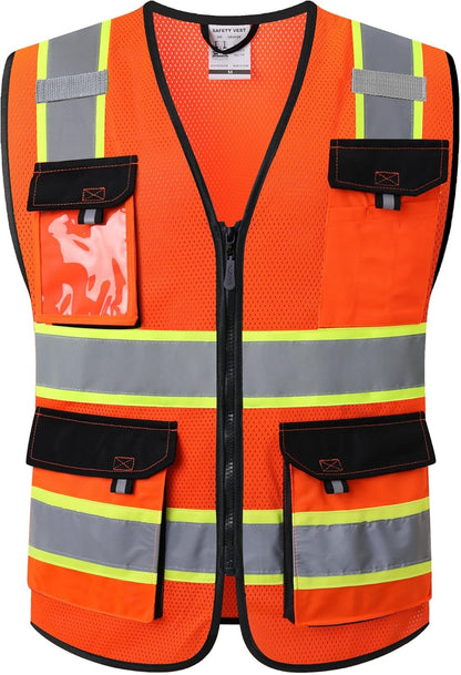 JKSafety Hi Vis Reflective Safety Vests for Men Women High Visibility Vest with Pockets Mesh Fabric Construction Safety Apparel Neon Vest for Work (220-Yellow L)