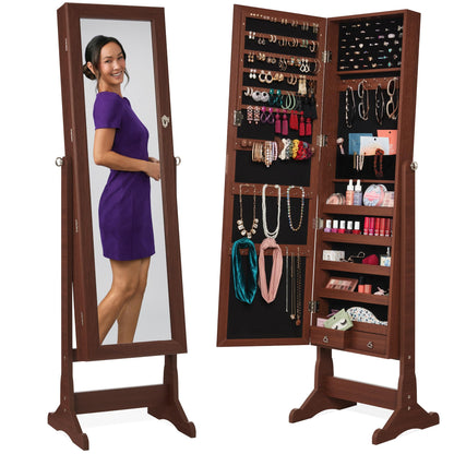Best Choice Products Freestanding Jewelry Armoire Cabinet, Full Length Standing Mirror, Lockable Makeup Storage Organizer, w/Velvet Lining, 3 Angles, Lock, Accessory Pouch, 5 Shelves - White
