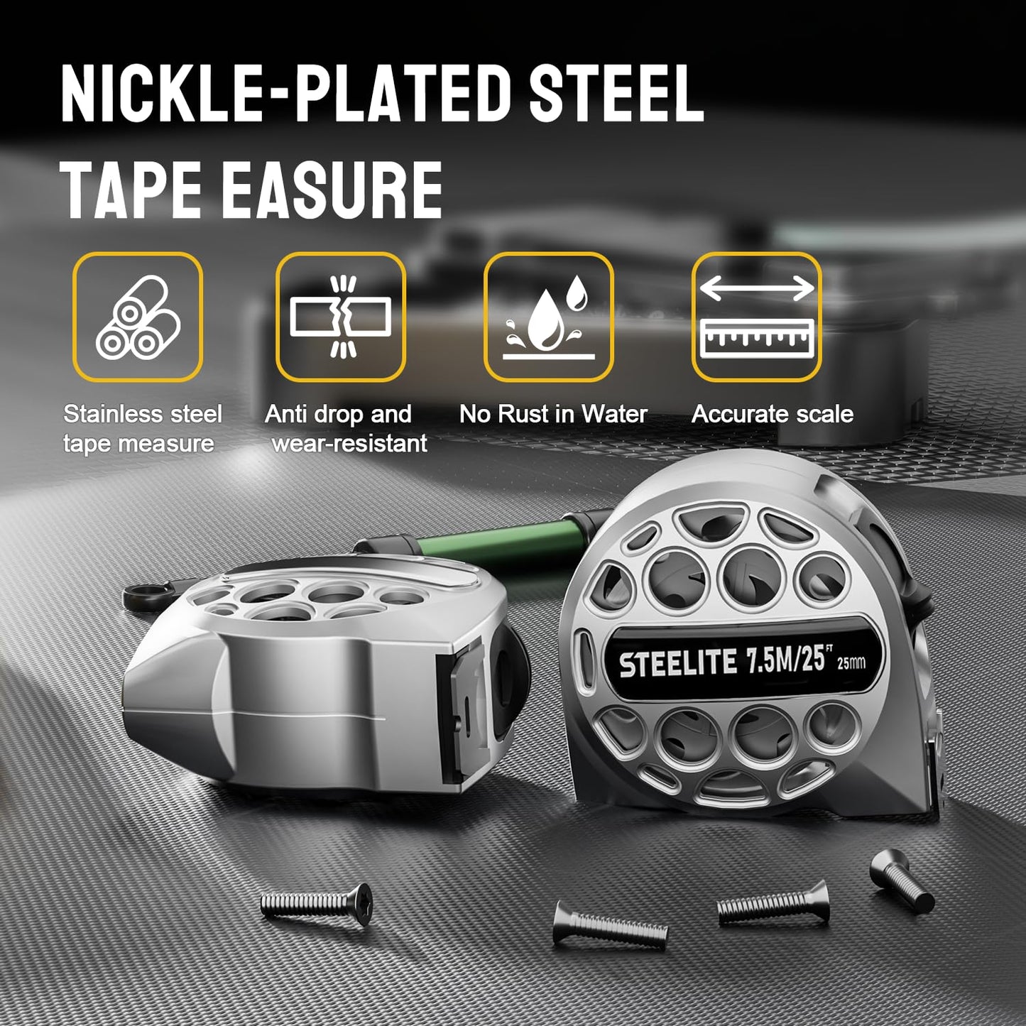 STEELITE Tape Measure 25'FT Stainless Steel Waterproof & Rustproof Retractable Measuring Tape with Hollow Design Carbon Fiber