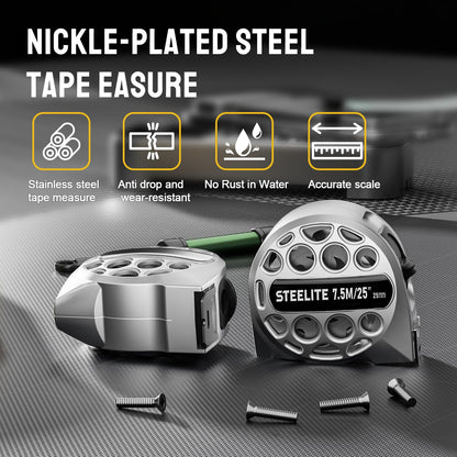 STEELITE Tape Measure 25'FT Stainless Steel Waterproof & Rustproof Retractable Measuring Tape with Hollow Design Carbon Fiber