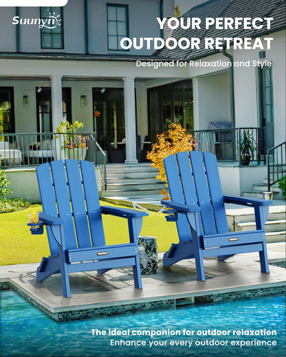 Folding Adirondack Chair, HDPE Adirondack Chairs with 2 Cup Holder, Plastic All-Weather Fire Pit Chairs, Outdoor Lawn Chair for Patio Garden (Grey)