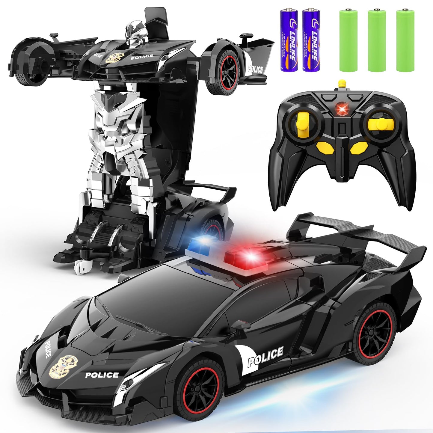 FDJ Remote Control Car - Transform Toys Car Robot, One Button Deformation to Robot with Flashing Light, 2.4Ghz 1:18 Scale Transforming Police Car Kids Toys with 360 Degree Rotating, Girls Boys Toys