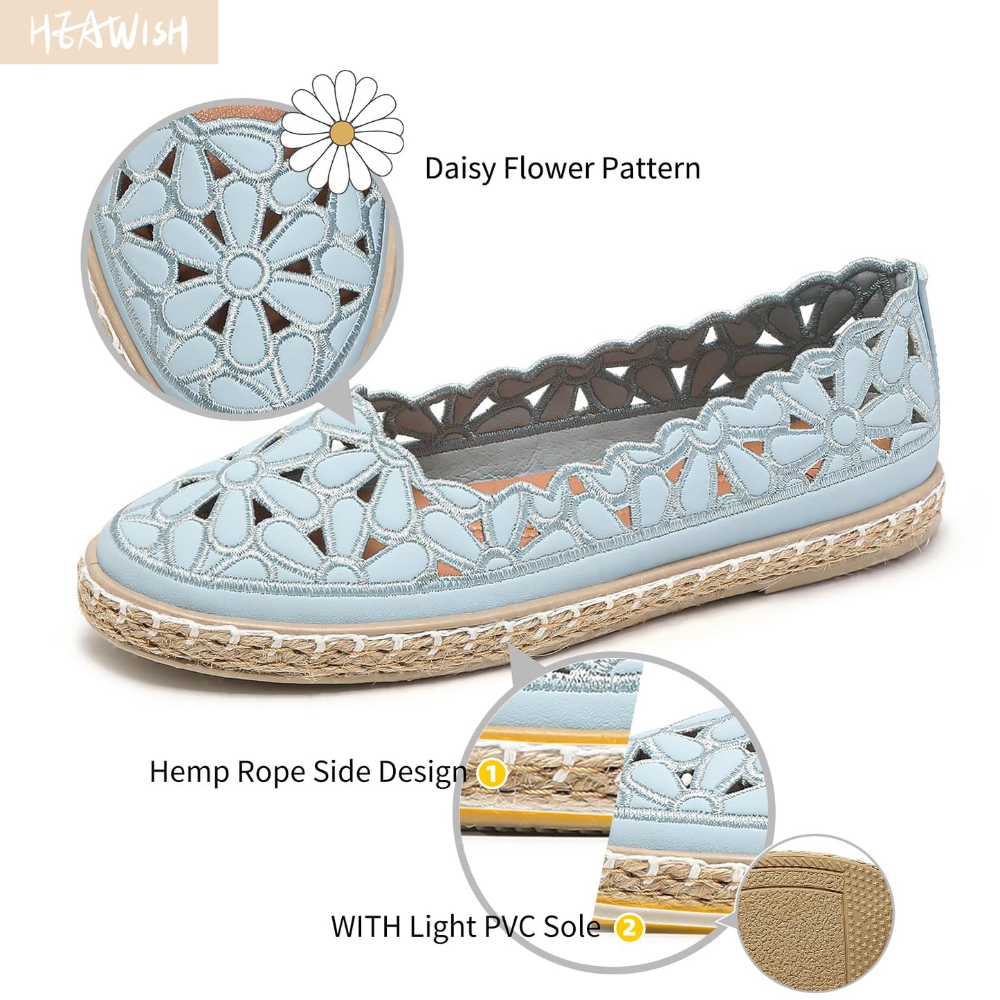 HEAWISH Women’s Ballet Flat Daisy Round Toe Dress Shoes Casual Slip On Rope Loafer