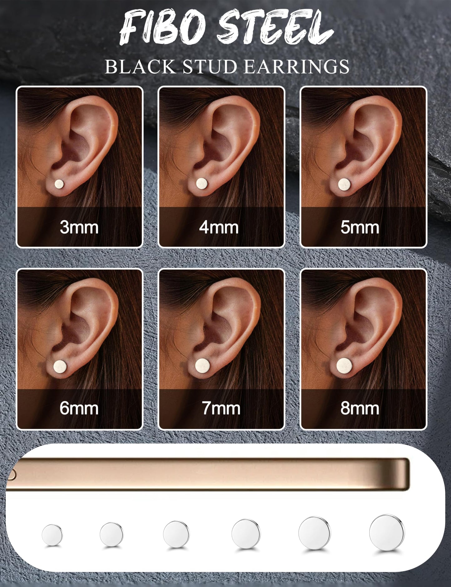 FIBO STEEL 6 Pairs Stainless Steel Black Stud Earrings for Men Women Faux Gauges Ear Tunnel Fake Gauge Earrings 3-8mm