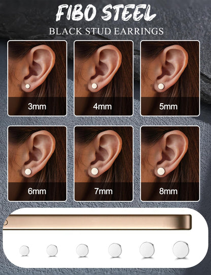 FIBO STEEL 6 Pairs Stainless Steel Black Stud Earrings for Men Women Faux Gauges Ear Tunnel Fake Gauge Earrings 3-8mm