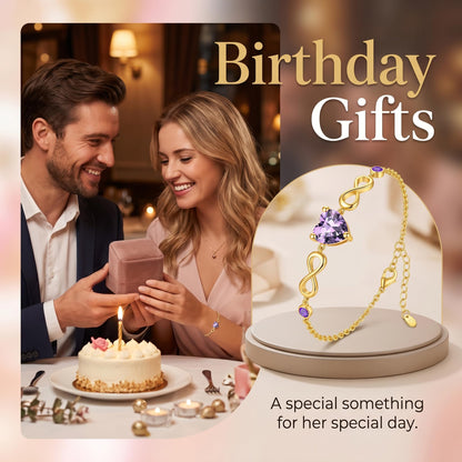 14K Gold Infinity Birthstone Bracelets for Women, Infinity Love Heart Birthstone Link Bracelets for Women, 14K Gold Plated Jewelry Birthday Gifts for Wife Girlfriend Mom, 7+2 Inch