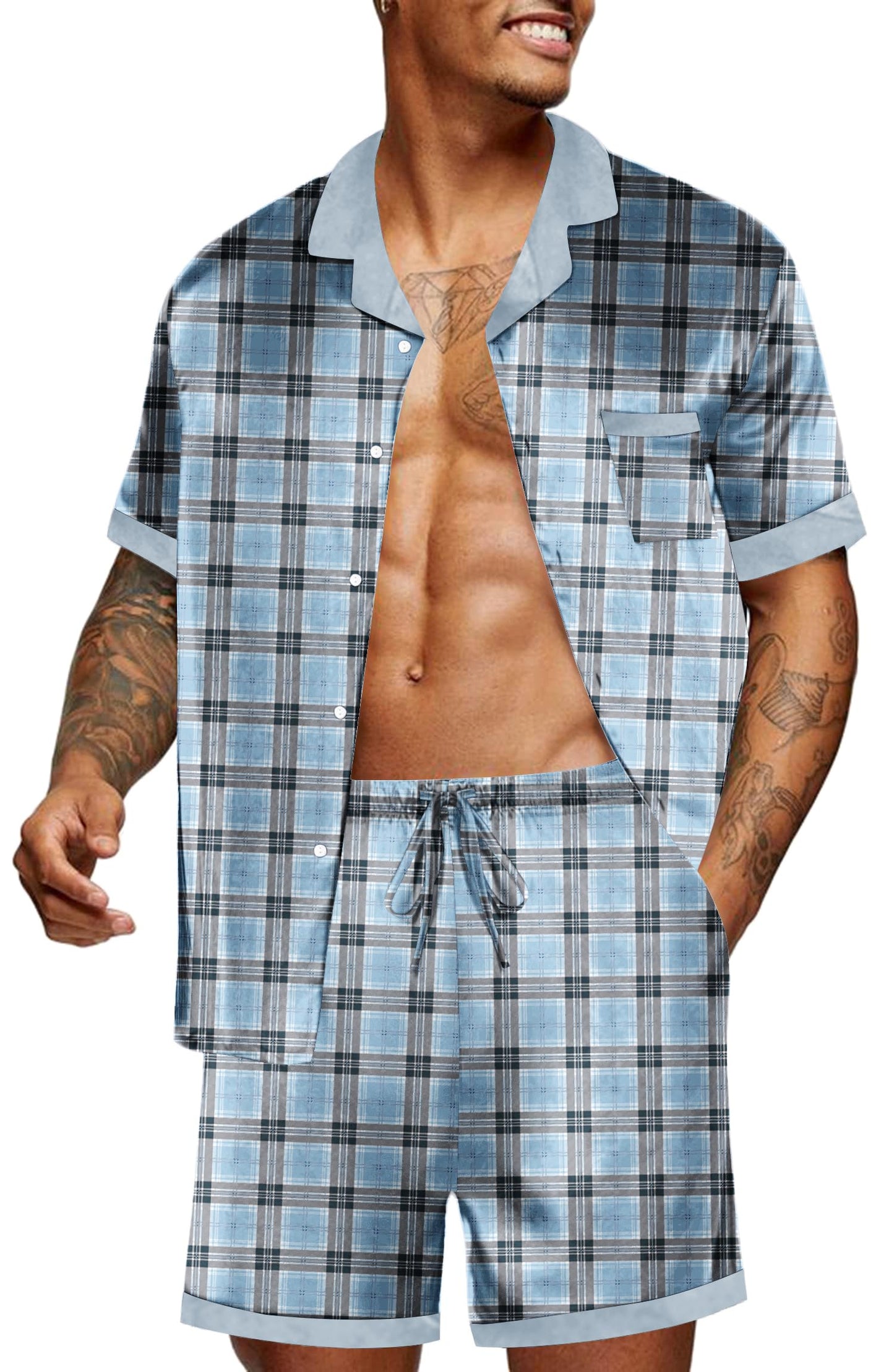 Ekouaer Men Satin Silk Pajamas Set with Pockets Sleepwear Shorts Satin Summer Loungewear 2 Piece Button Down Set S-3XL