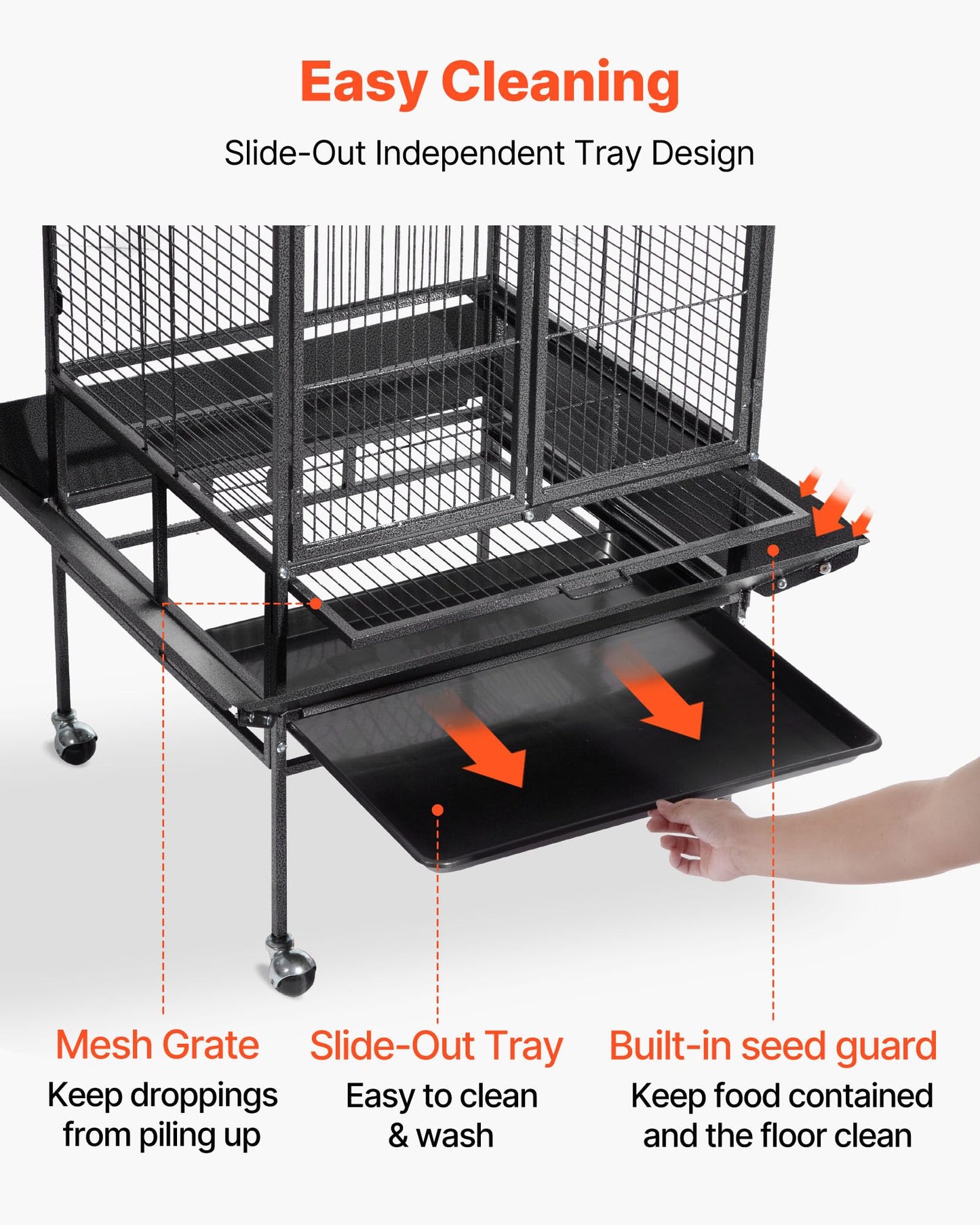 VEVOR Bird Cage, 24.6 x 16.7 x 53.9 inch, Flat Top, Wrought Iron Bird Flight Cage with Perches, Slide-Out Tray and Plastic Feeders, Casters, for Parrot, Blue Tit, Cockatiel, Canary, Budgerigar, Conure