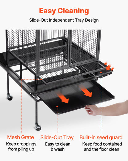 VEVOR Bird Cage, 24.6 x 16.7 x 53.9 inch, Flat Top, Wrought Iron Bird Flight Cage with Perches, Slide-Out Tray and Plastic Feeders, Casters, for Parrot, Blue Tit, Cockatiel, Canary, Budgerigar, Conure