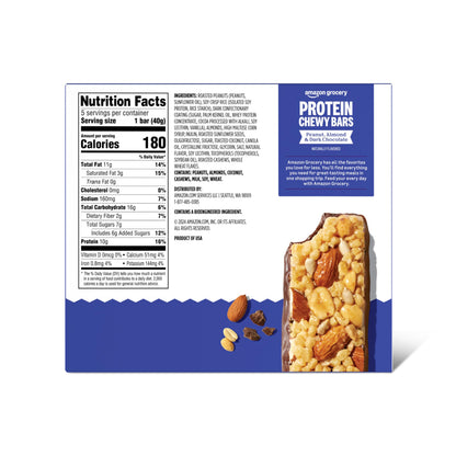 Amazon Brand - Happy Belly Protein Chewy Bars, Peanut, Almond & Dark Chocolate, 5 Count (Pack of 2)