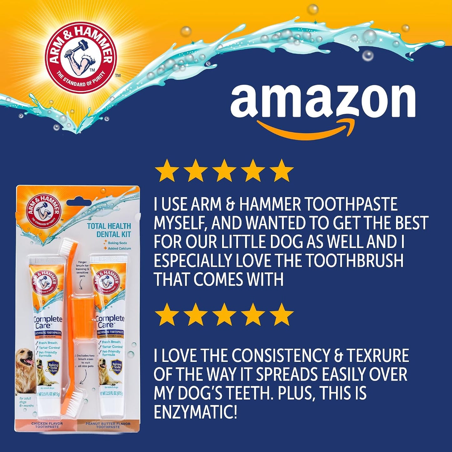Arm & Hammer Complete Care Dog Dental Kit with Enzymatic Dog Toothpaste, Toothbrush and Finger Brush, Baking Soda and Calcium Formula for Plaque Tartar Control, Chicken Flavor, 2.5 Oz
