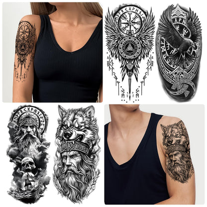Yazhiji 36 Sheets Temporary Tattoos Stickers, 12 Sheets Fake Body Arm Chest Shoulder Tattoos for Men or Women with 24 PCS Tiny Black Tattoos