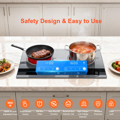 Dual Coil Design of 2 Burner Electric Cooktop, 1800W Ceramic Hot Plate for Cooking, Infrared Double Burner Portable Countertop or 24inch Built-in Radiant Stove Top Cooker, Compatible with All Cookware
