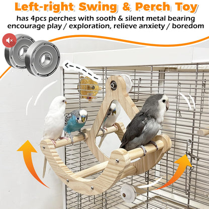 Bird Perch Toy, Interactive Rocking Parakeet Toys and Perches, Wooden Exercise Wheel Cockatiel Toys, Intelligence Puzzle Birds Enrichment Toy for Parrot, Bird Cage Accessories Perch for Budgies Conure