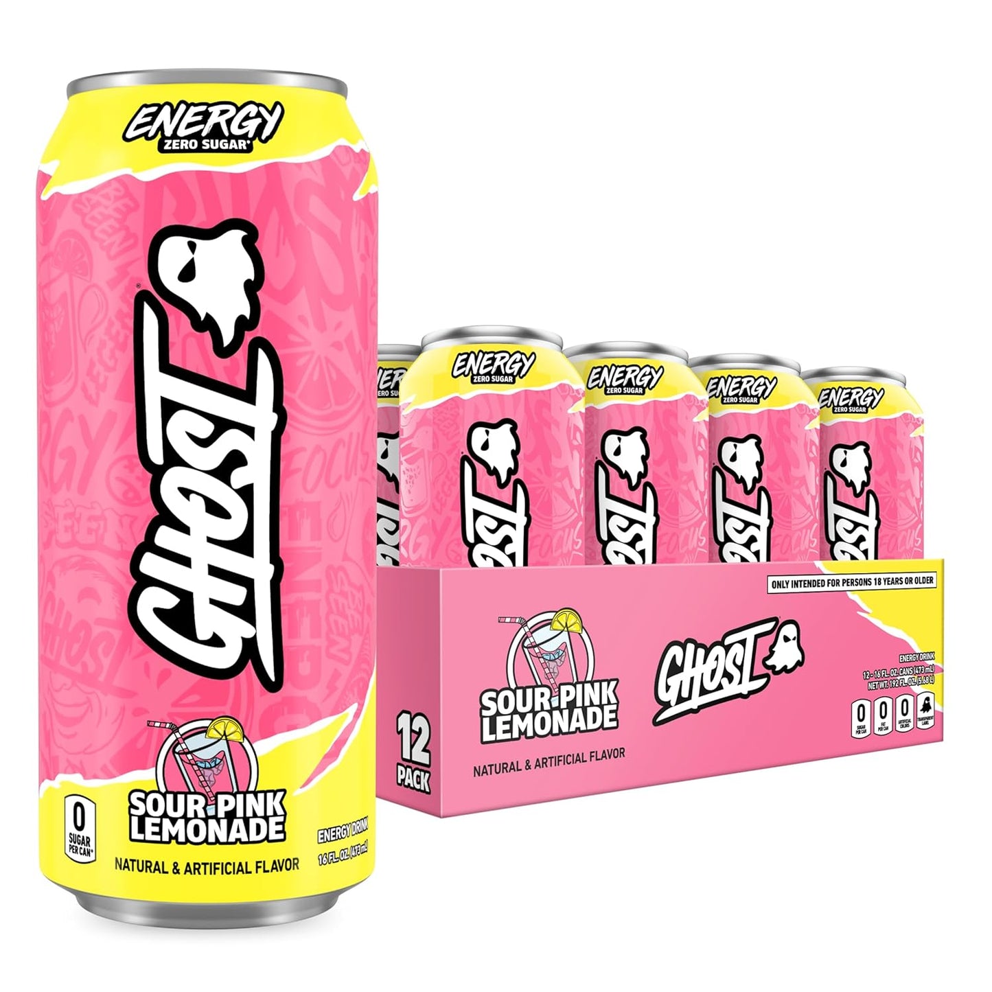 GHOST Energy Drink, Zero Sugars, 12-Pack, Cherry Limeade, 16oz | Energy & Focus Pre Workout Drink, No Artificial Colors, Gluten-Free, Vegan - 200MG Natural Caffeine, L-Carnitine, Taurine