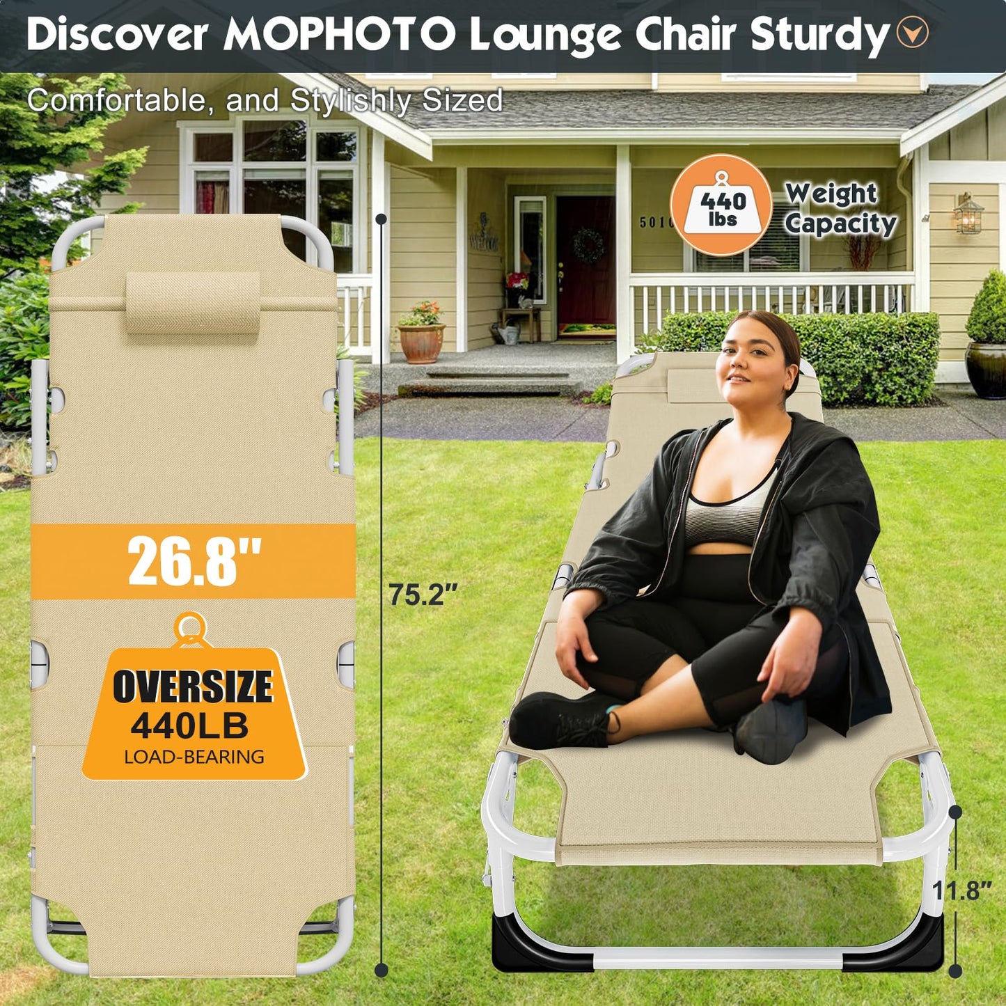 MOPHOTO Folding Lounge Chair 5-Position, Folding Cot, Portable Outdoor Chaise Lounge Chair for Sun Tanning, Perfect for Pool Beach Patio Sunbathing