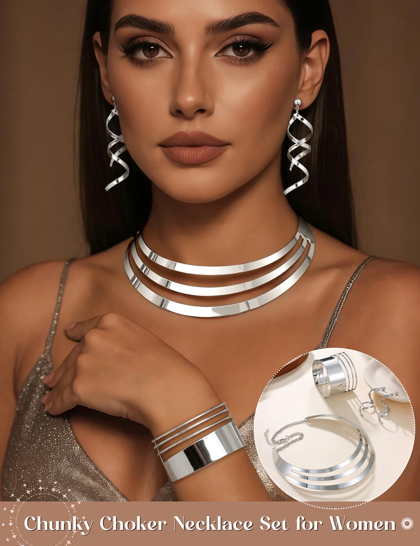 JOERICA Bib Choker Necklace Set for Women Wide Cuff Bangle Bracelets Long Statement Dangle Earrings African Costume Jewelry Set