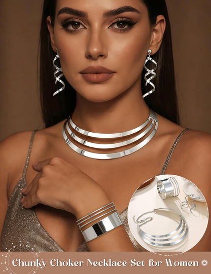 JOERICA Bib Choker Necklace Set for Women Wide Cuff Bangle Bracelets Long Statement Dangle Earrings African Costume Jewelry Set