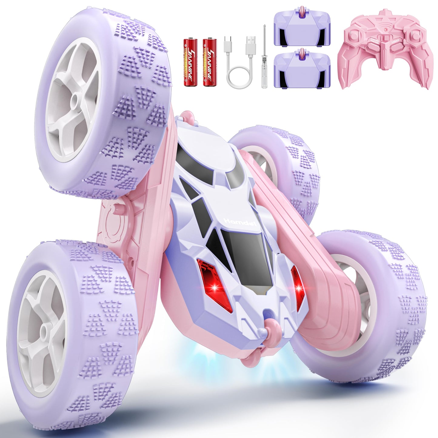 Hamdol Remote Control Car for Kids, 360° Rotating Double-Sided RC Car with LED Headlights, 4WD 2.4GHz Electric Rechargeable Toy Vehicle for Boys and Girls, Perfect Birthday