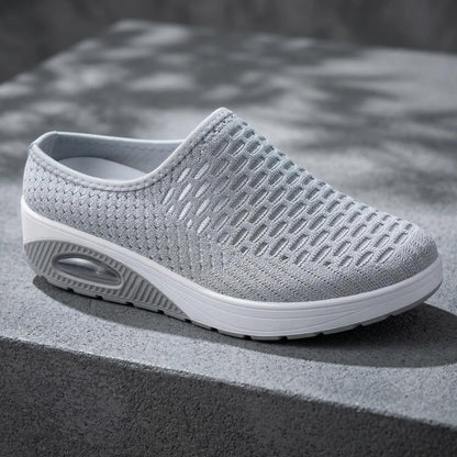 Women's Mesh Stretch Knitted Air Cushion Mule Clogs Fashion Comfortable Closed Round Toe Breathable Slip On Wedge Orthopedic Mules Sneaker for Summer Casual Beach Walking Slippers