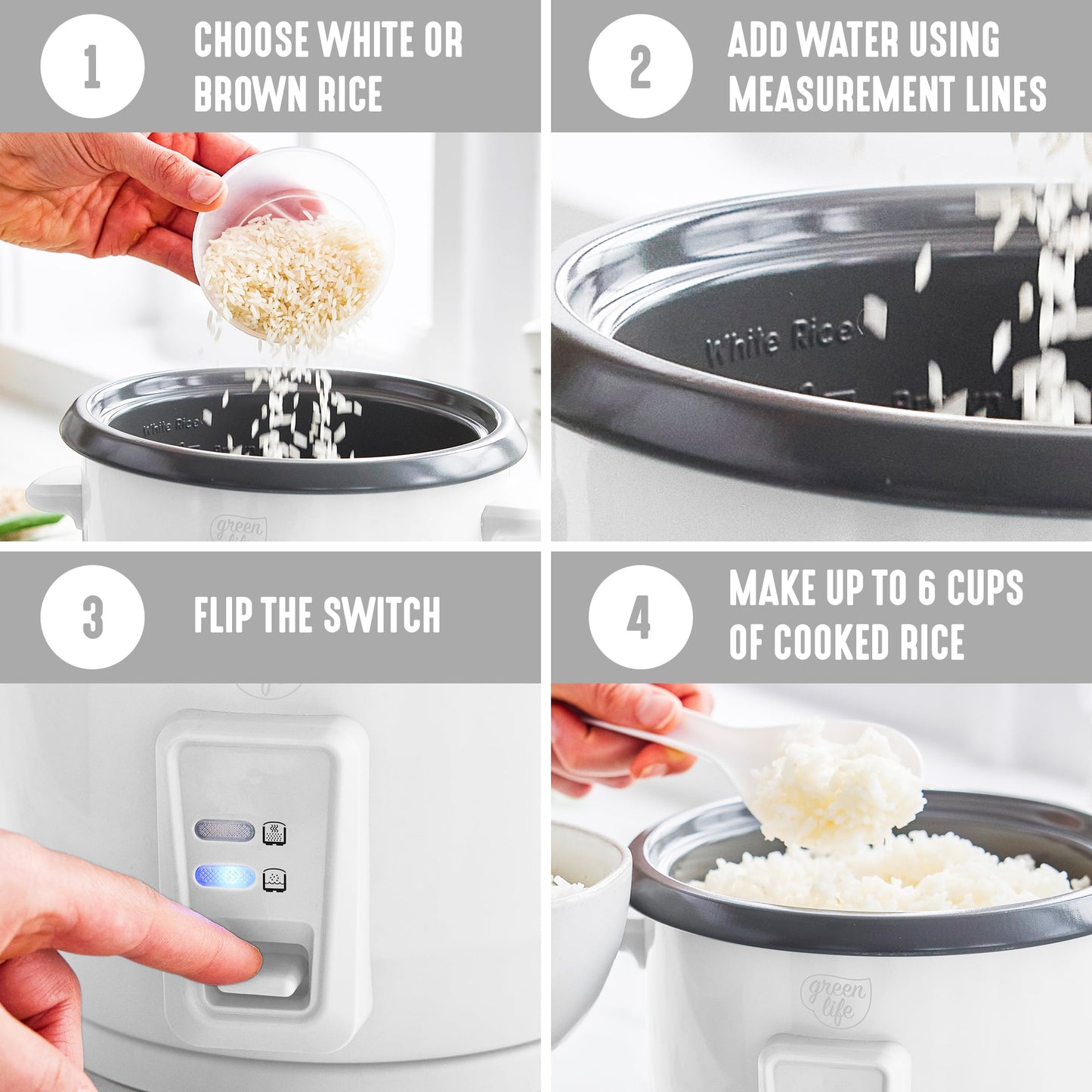 GreenLife Rice Cooker with Removable PFAS-Free Ceramic Nonstick Pot, 3-Cups Uncooked/6-Cups Cooked, Grains & Oatmeal Multicooker, Compact One-Switch Design, Auto Keep Warm, Easy Clean, Cream