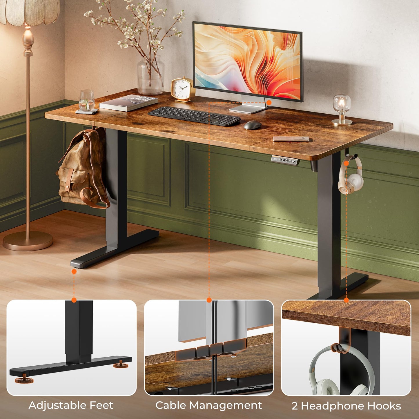 Huuger 55 x 28 Large Electric Standing Desk, Height Adjustable Computer Desk, 27.6" Deep Desktop, Stand up Gaming Office Table with 2 Hooks, 3 Preset Heights, for Home Office, Black