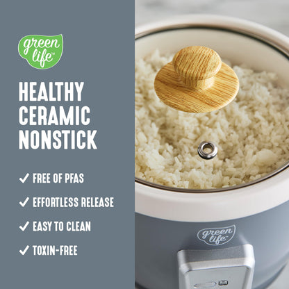 GreenLife Rice Cooker with Removable PFAS-Free Ceramic Nonstick Pot, 3-Cups Uncooked/6-Cups Cooked, Grains & Oatmeal Multicooker, Compact One-Switch Design, Auto Keep Warm, Easy Clean, Cream