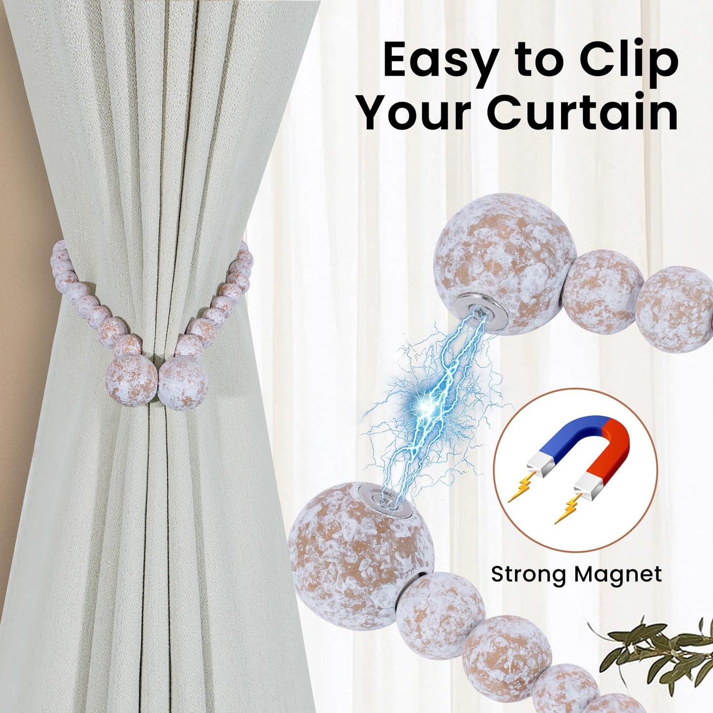 KLOGTSIND Magnetic Curtain Tiebacks, Curtain Holdbacks for Curtains 2 Pack, Wood Bead Curtain Holders for Boho Bedroom Decor, Baby Nursery Decor, Farmhouse Decor