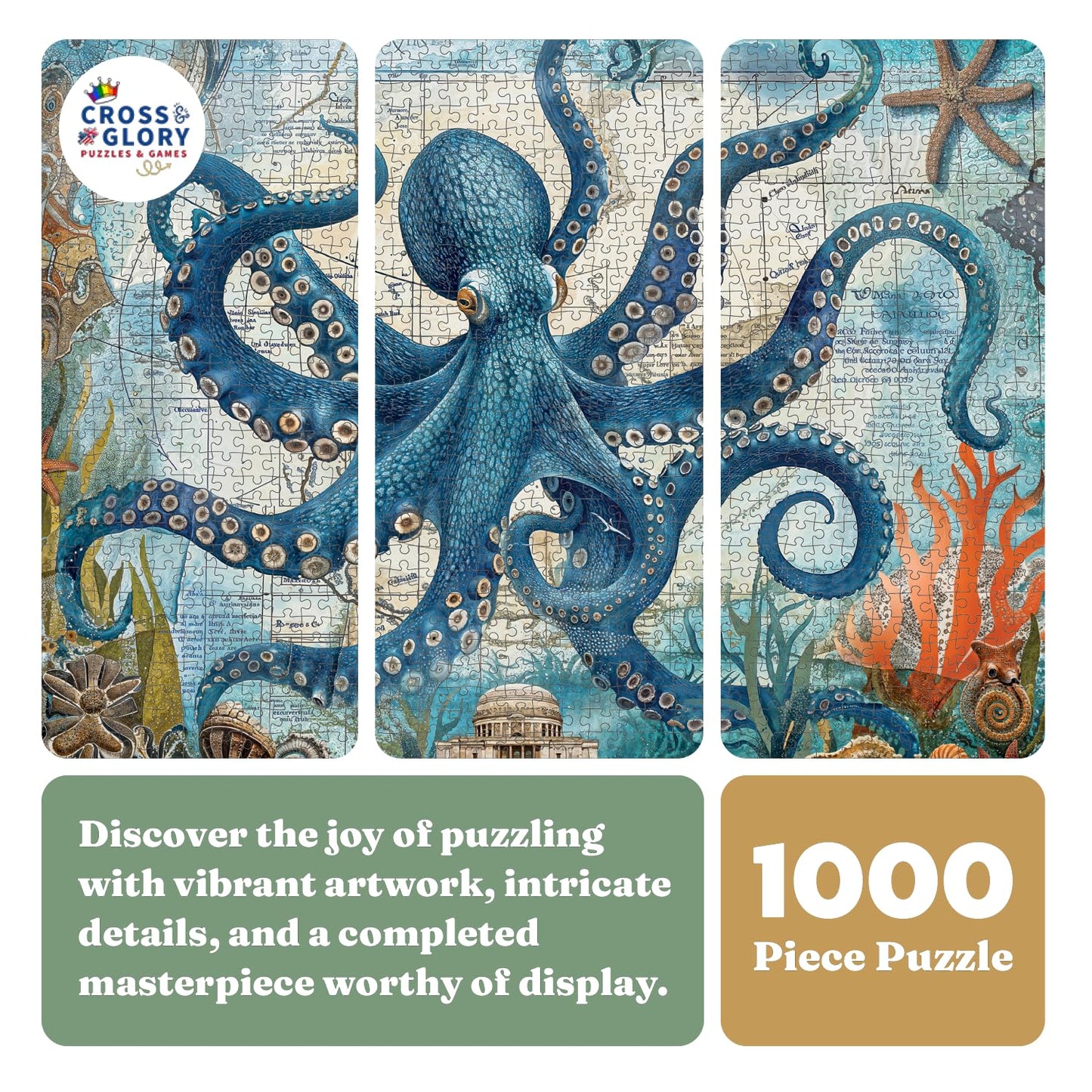 Cross & Glory | Jigsaw Puzzles 1000 Pieces for Adults | Deep Blue Octopus Odyssey | Ocean Octopus Puzzles for Adults | Challenging Brain Teaser Ocean Puzzle | 20 x 27 Inches