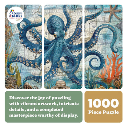 Cross & Glory | Jigsaw Puzzles 1000 Pieces for Adults | Deep Blue Octopus Odyssey | Ocean Octopus Puzzles for Adults | Challenging Brain Teaser Ocean Puzzle | 20 x 27 Inches