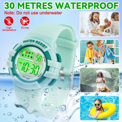 DTKID Digital Kids Watch 30 M Waterproof, 7 Color Lights Time Teaching Watch Easy to Read for Girls Boys 5-16