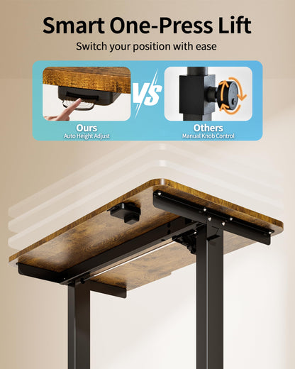 Okin Small Electric Standing Desk, 36" x 24" Whole Piece Height Adjustable Desk, Oak Sit to Stand Computer Workstation with Wheels for Home Office