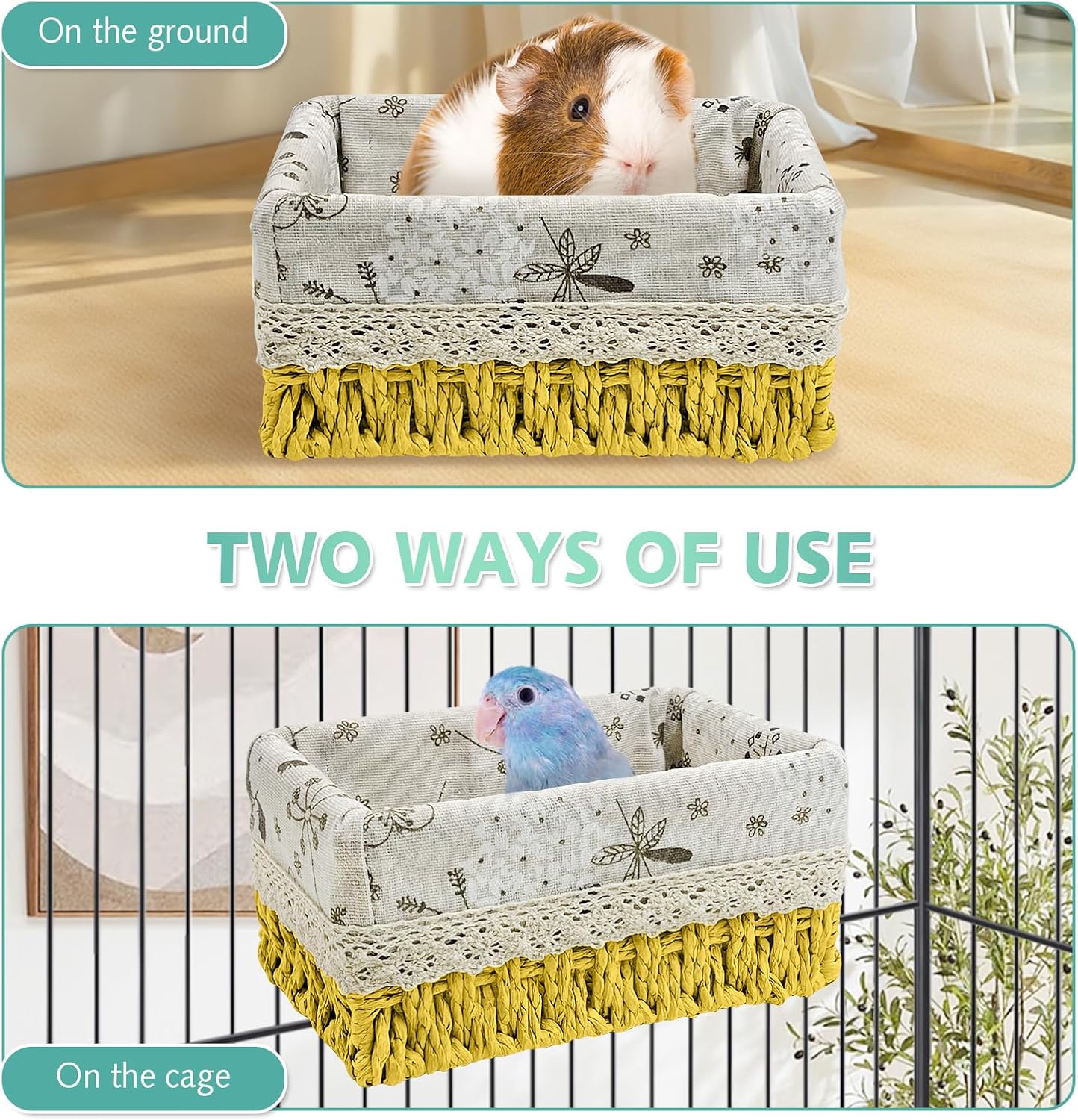 kathson Bird Nest Parrot House Birds Sleeping Bed Straw Weave All Season Hanging Hammock Bird Bed Snuggle Hut Birdcage Accessories for Parakeets Budgies Cockatiels Conures Quaker Parrot(Yellow)